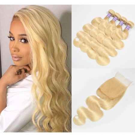613 Blonde Hair Weave 4 Bundles With Lace Closure