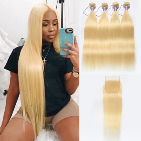 4 Bundles 613 Blonde Weave With Closure Peruvian Straight Hair 