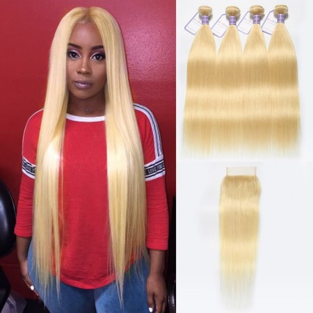 613 Blonde Lace Closure With 4 Bundles Malaysian Straight Virgin Hair