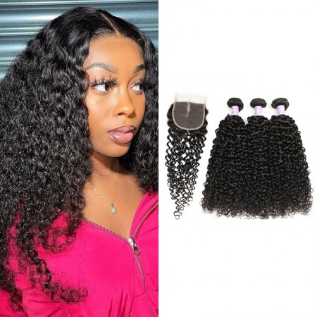 DSoar Hair 3 Bundles Peruvian Jerry Curly Human Hair With Lace Closure
