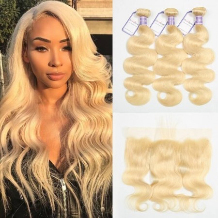 DSoar 613 Blonde Sew In Weave Body Wave 3 Bundles With Lace Frontal 13x4 Inch 