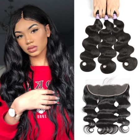 DSoar Hair 3 Bundles Body Wave Hair With Lace Frontal Hair Closure 