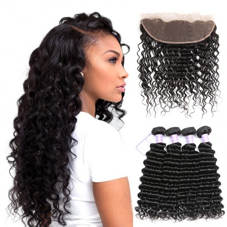 Peruvian Deep Wave Hair Weave Lace Frontal And 4 