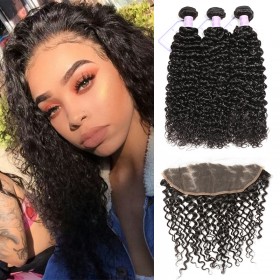 DSoar 3 Bundles Peruvian Virgin Curly Human Hair Weave With 413 Lace Frontal 