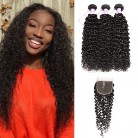 DSoar Hair 3 Bundles Virgin Jerry Curly Human Hair With Lace Closure