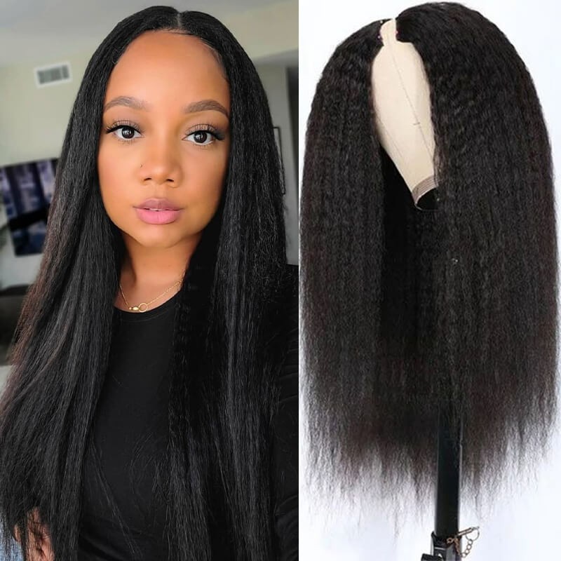 Dsaorhair V Part Lace Wig Human Hair Kinky Straight Hair Yaki Straight Upgrade U Part Glueless Black Wigs 
