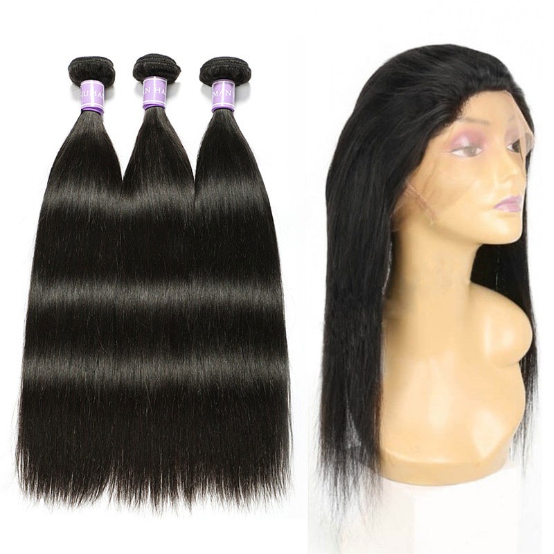 Indian Straight Hair 3 Bundles With 360 Lace Frontal
