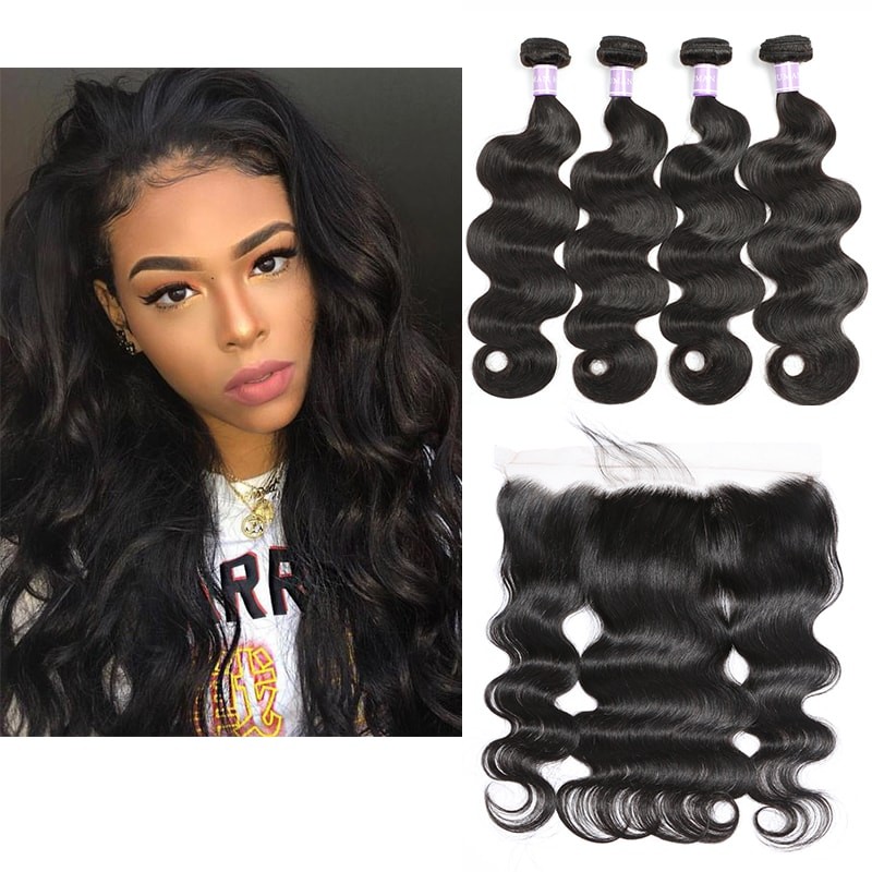DSoar Hair 4 Bundles Body Wave Hair Weave With 4x13 Lace Frontal Closure Free Part