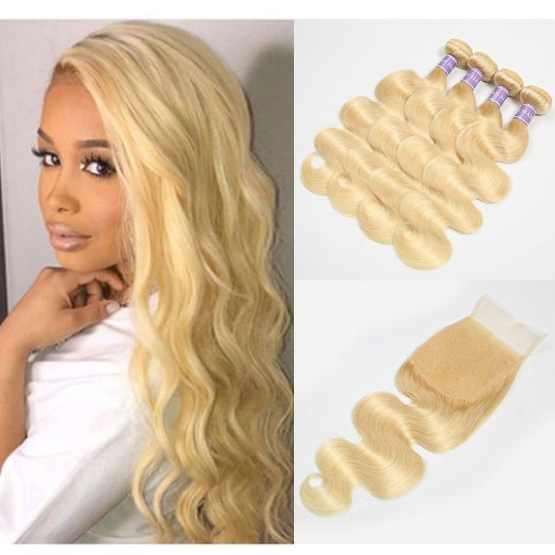 613 Blonde Hair Weave 4 Bundles With Lace Closure