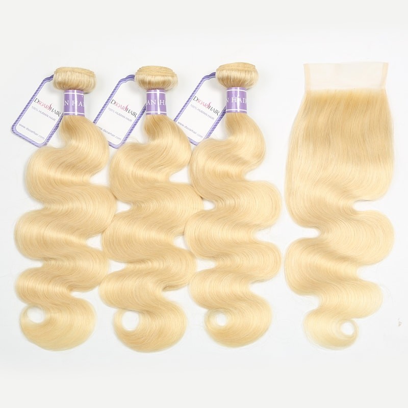 DSoar Hair Malaysian Body Wave 613 Blonde Lace Closure 4x4 Inch With 3 Bundles 