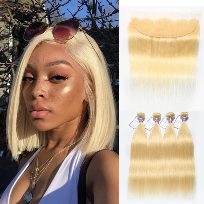 DSoar 613 Blonde Straight Hair 4 Bundles With 13x4 Lace Frontal Sew In 