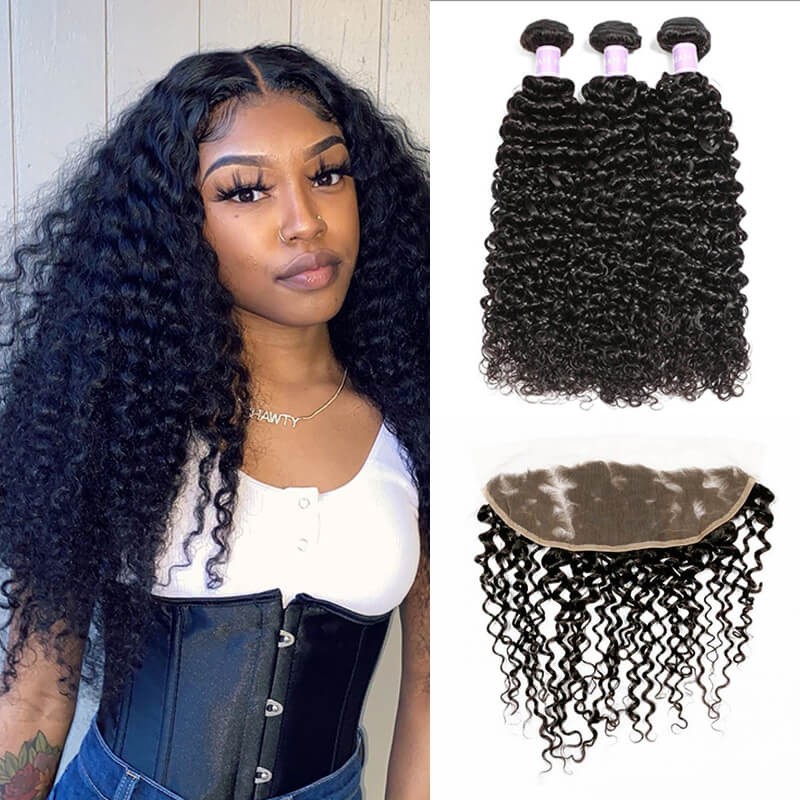 DSoar hair Indian curly hair weave 3 bundles deals with lace frontal free part