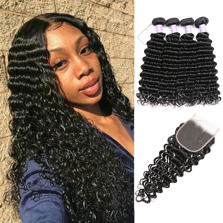 DSoar hair deep wave Indian remy human hair weave 4bundles with lace closure 