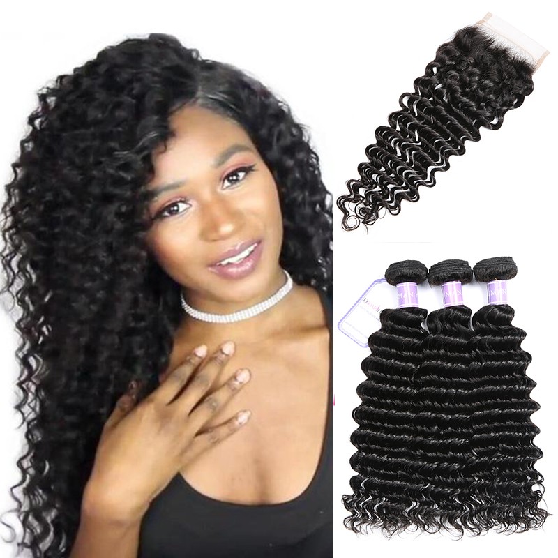 Dsoar Hair Deep Wave Peruvian Remy Hair 3 Bundles With Lace 