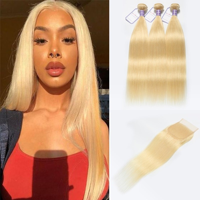 DSoar 613 Blonde Straight Virgin Hair 3 Bundles With Lace Closure 