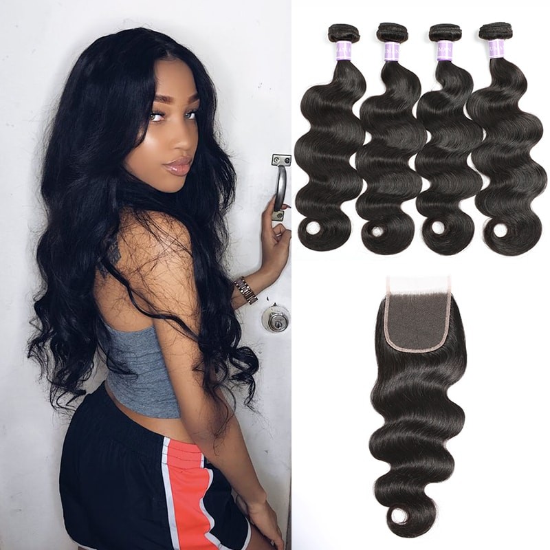 DSoar Hair Indian Remy Body Wave Hair 4 Bundles With Lace Closure
