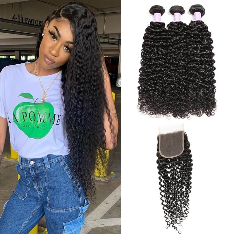 DSoar Hair virgin Indian curly hair lace closure 4x4 with 3 bundles
