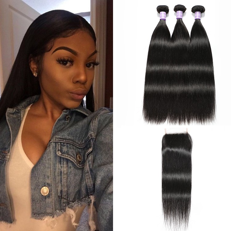 DSoar Indian remy 3 bundles straight hair weave with lace closure full sew in