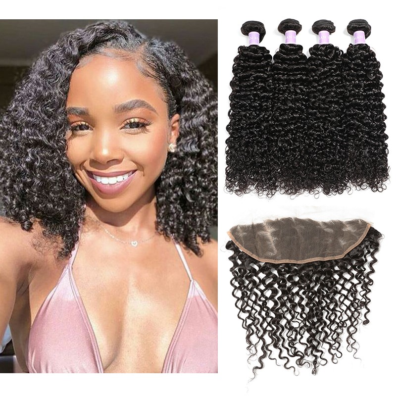 Indian remy curly hair lace frontal and 4 bundles DSoar virgin Indian curly hair