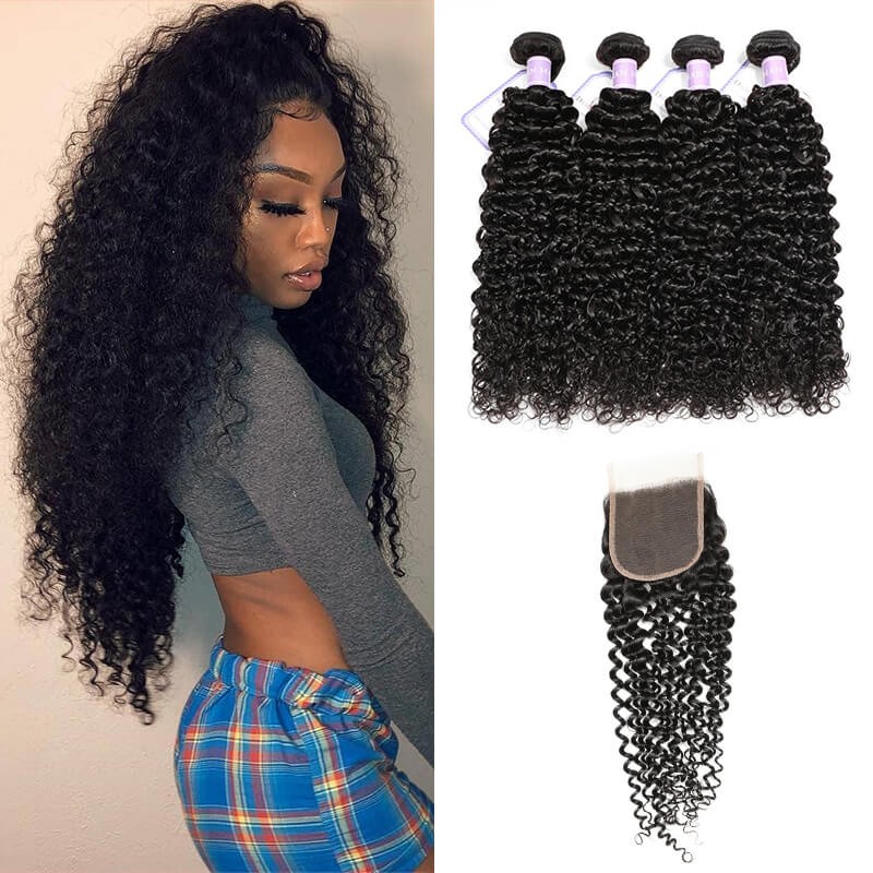 100% DSoar Hair Human Hair 4 Bundles Virgin Jerry Curly Hair With Lace Closure