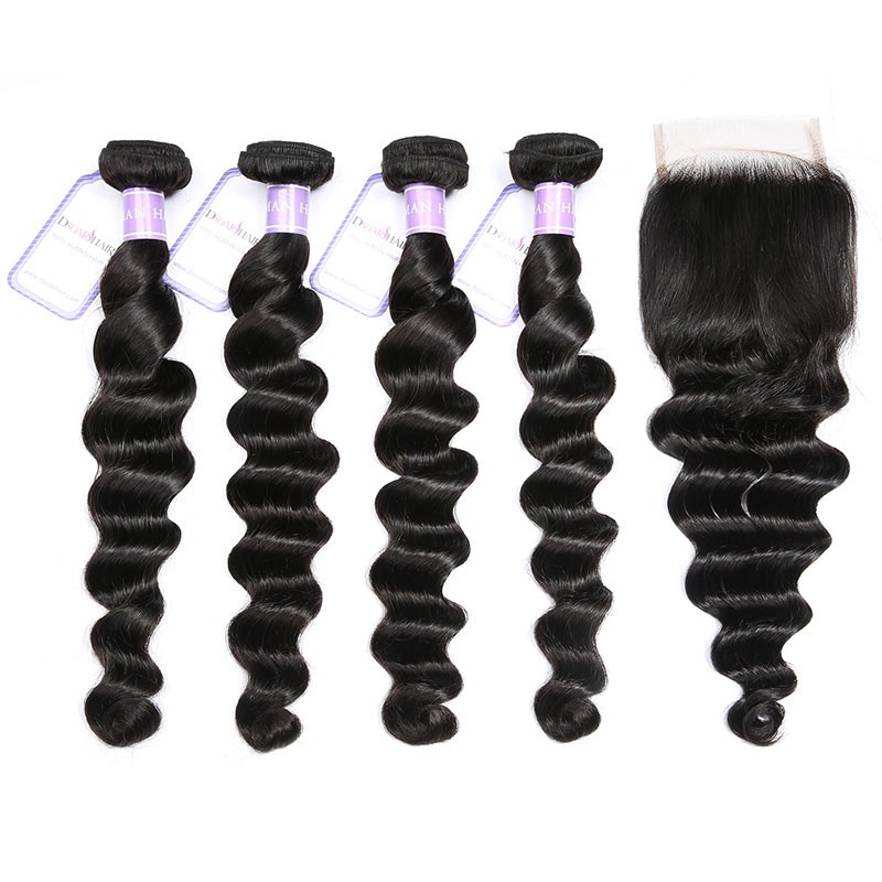 Dsoar Hair Indian Remy Loose Deep Wave 4 Bundles With Lace Closure 