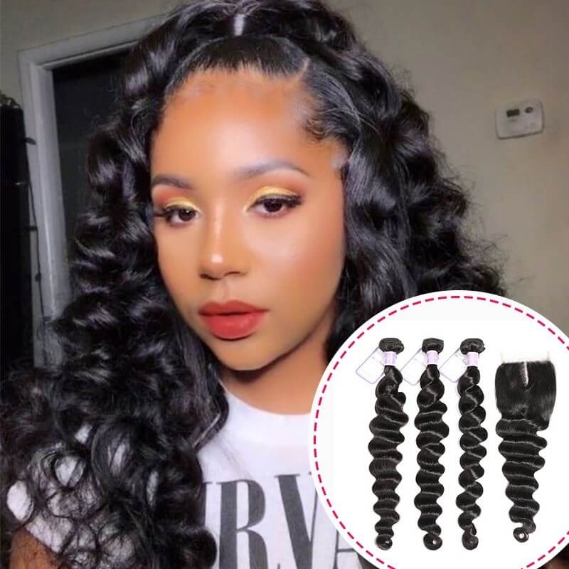 DSoar Hair Peruvian Loose Deep Wave Human Hair Weave 3PCS With Lace Closure 4x4Inch
