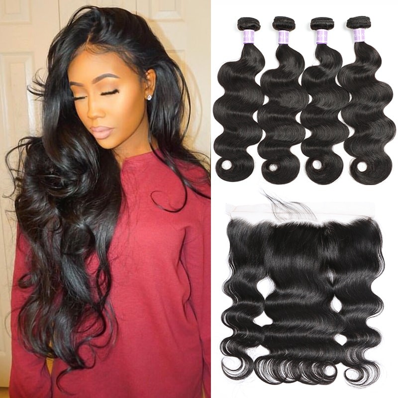 DSoar hair Malaysian body wave hair 4 bundles with lace frontal closure 13x4 inch