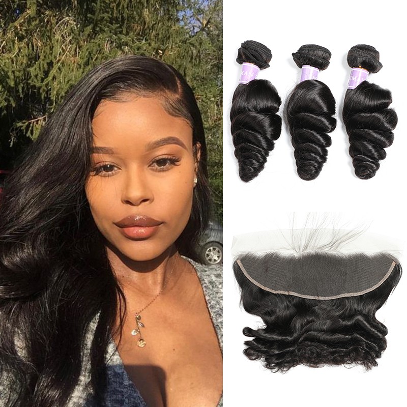 Indian Remy Loose Wave Hair Weave Dsoar Hair Lace Frontal Closure With 3 Bundles