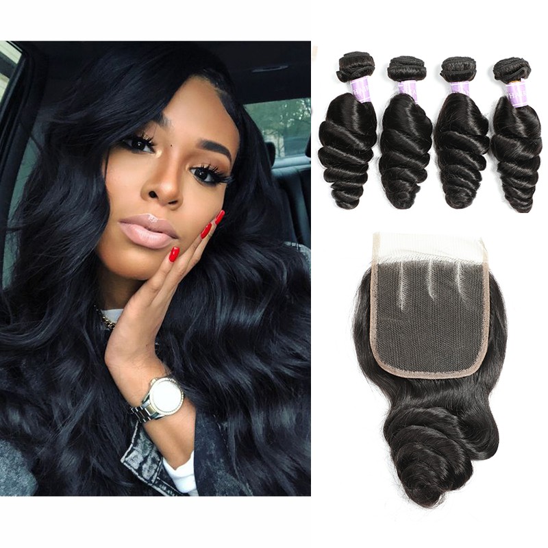 DSoar Hair Indian remy loose wave 4 bundles with lace closure 4x4 inch