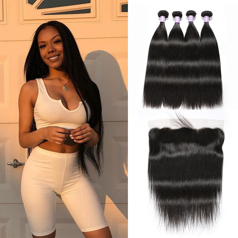 DSoar Peruvian straight hair 13x4 lace frontal with 4 bundles