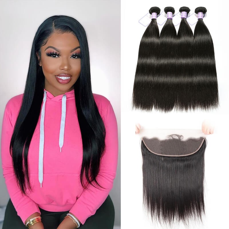 DSoar Hair Straight Virgin Hair 4 Bundle Deals With Lace Frontal Closure Ear To Ear 13X4 Inch