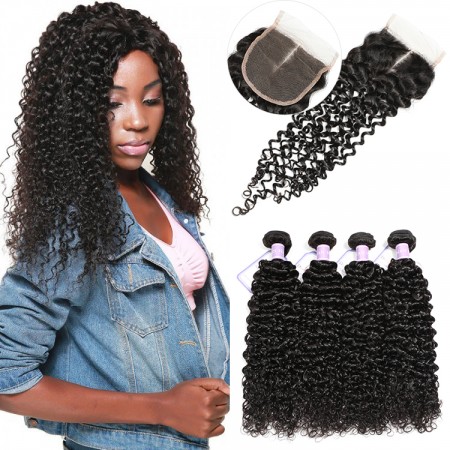 DSoar Hair 4Pcs Malaysian Jerry Curly Hair Weft With Closure