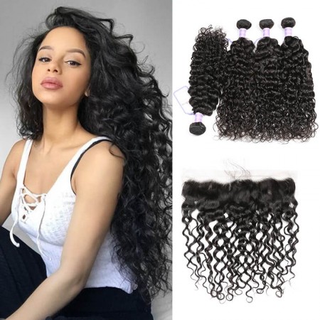  Virgin Peruvian Natural Wave Lace Frontal 13x4 With 4 Bundles